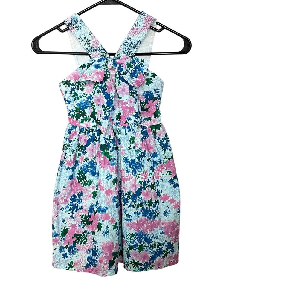CeCe Girls Floral Halter Dress Small Pink Blue Jungle Print Bow Cotton Sundress